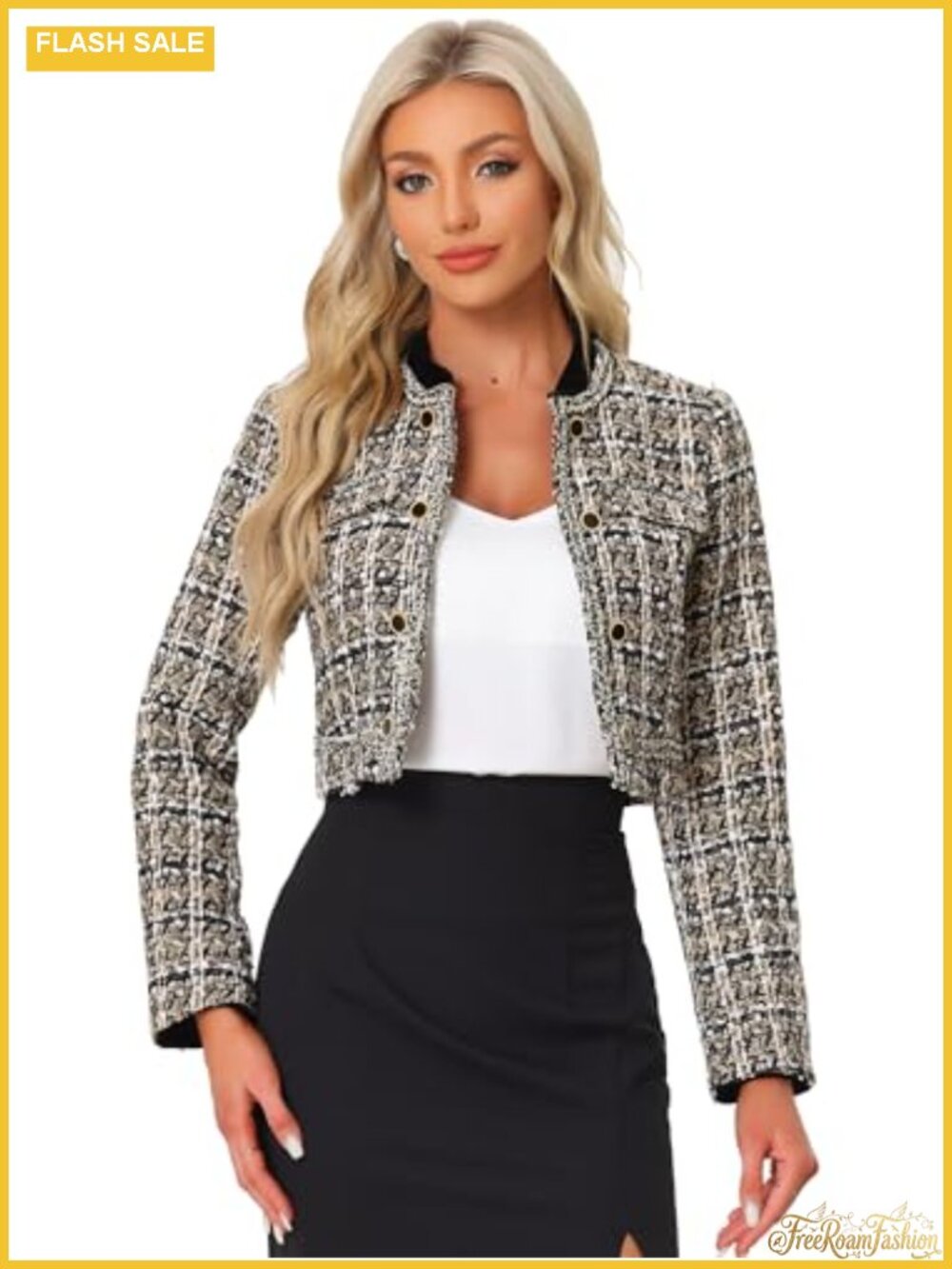 Tweed Plaid Cropped Blazer Button Decor Open Front Long Sleeve Jacket